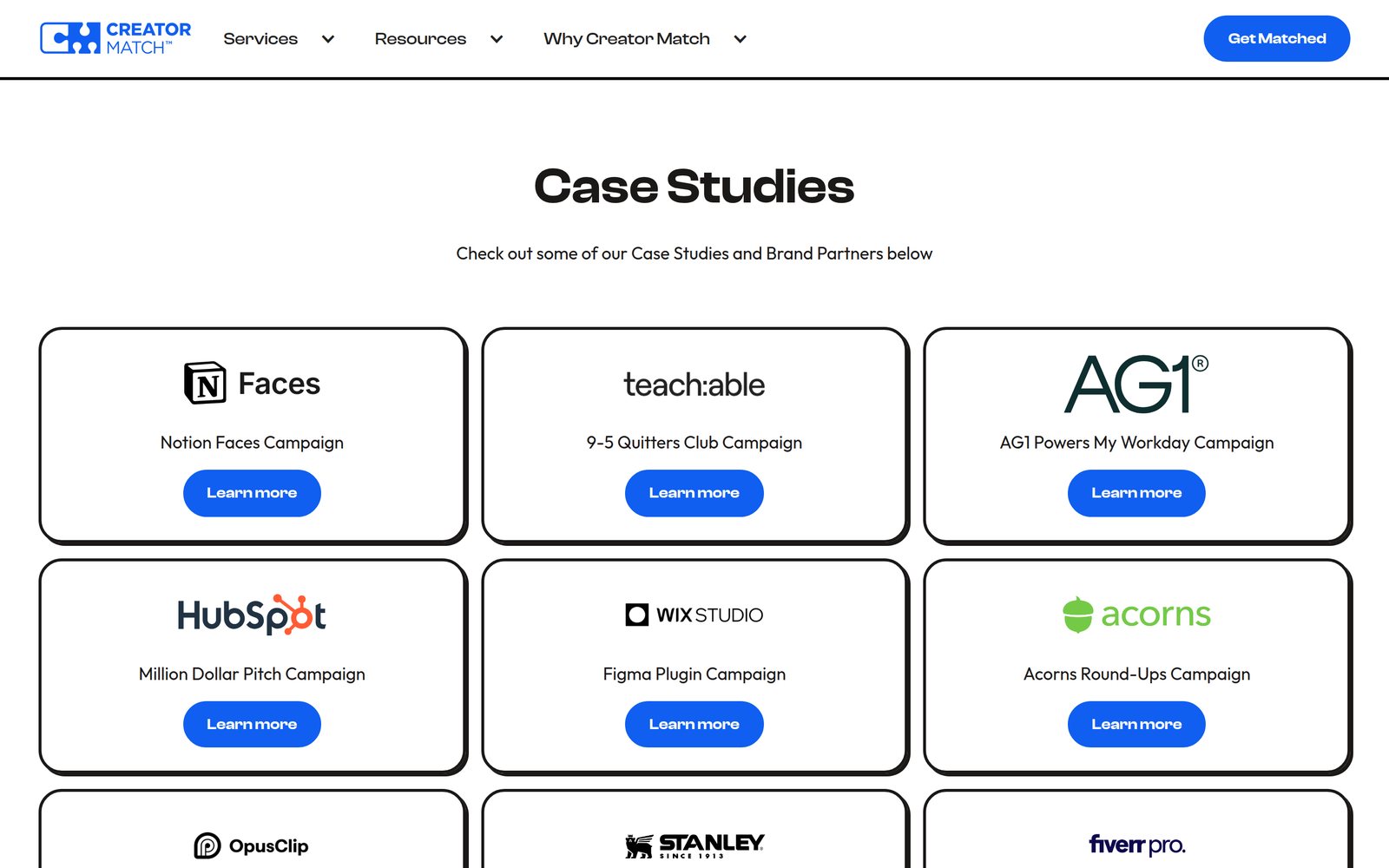 Creator Match case studies page