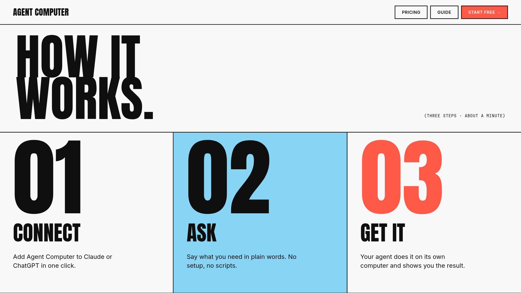 Connect, ask, get it. Three steps, about a minute.