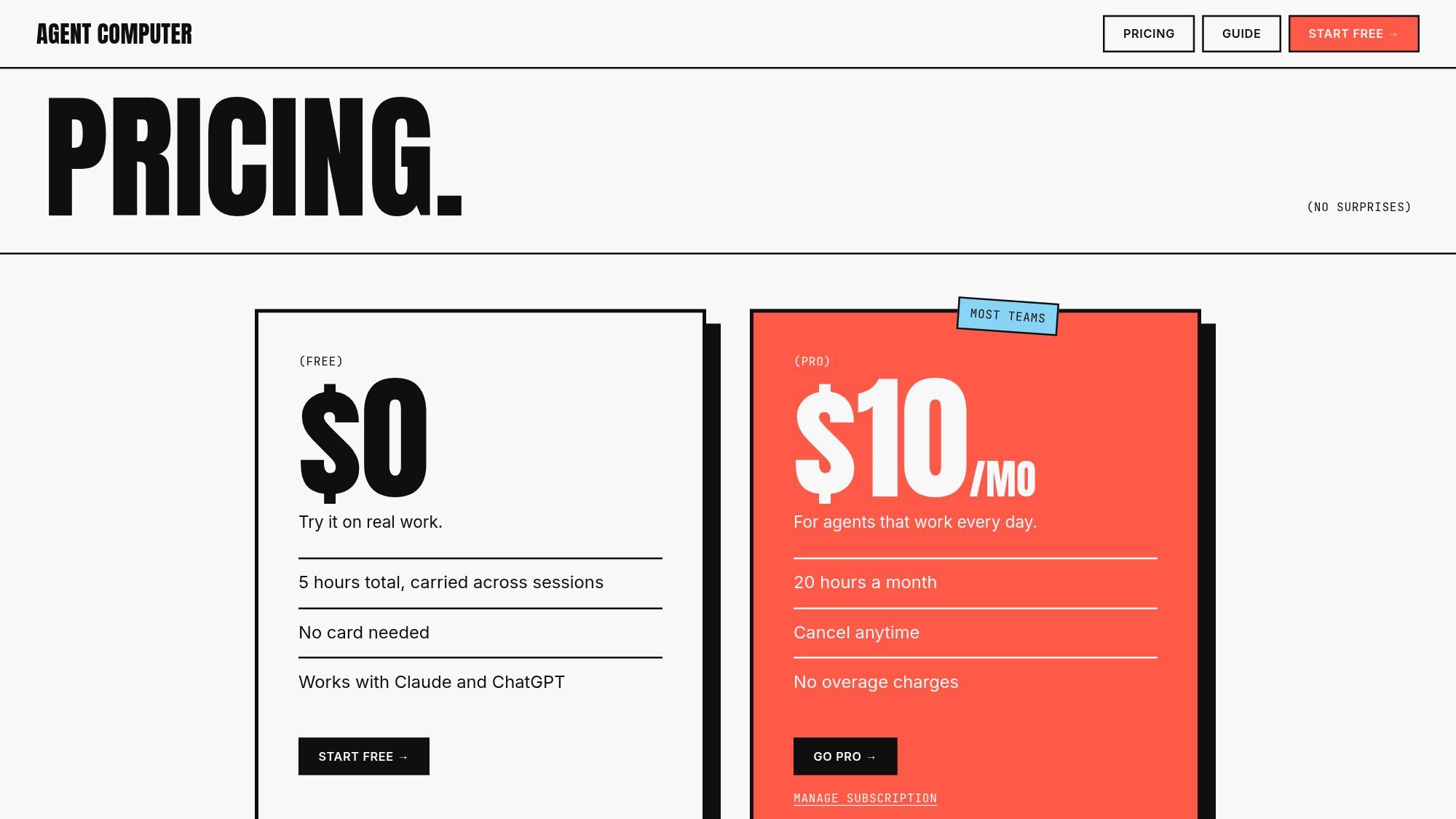 Free: 5 hours total, no card needed. Pro: $10/mo for 20 hours a month, cancel anytime.