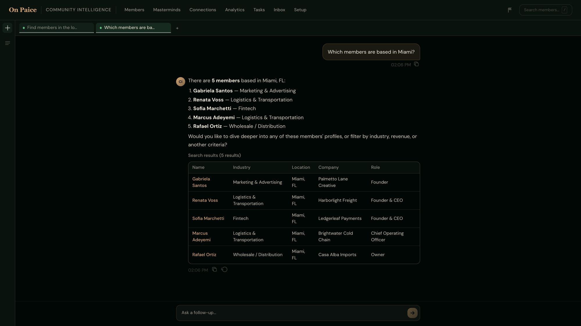 A location search for Miami. The cities are fictional member records.